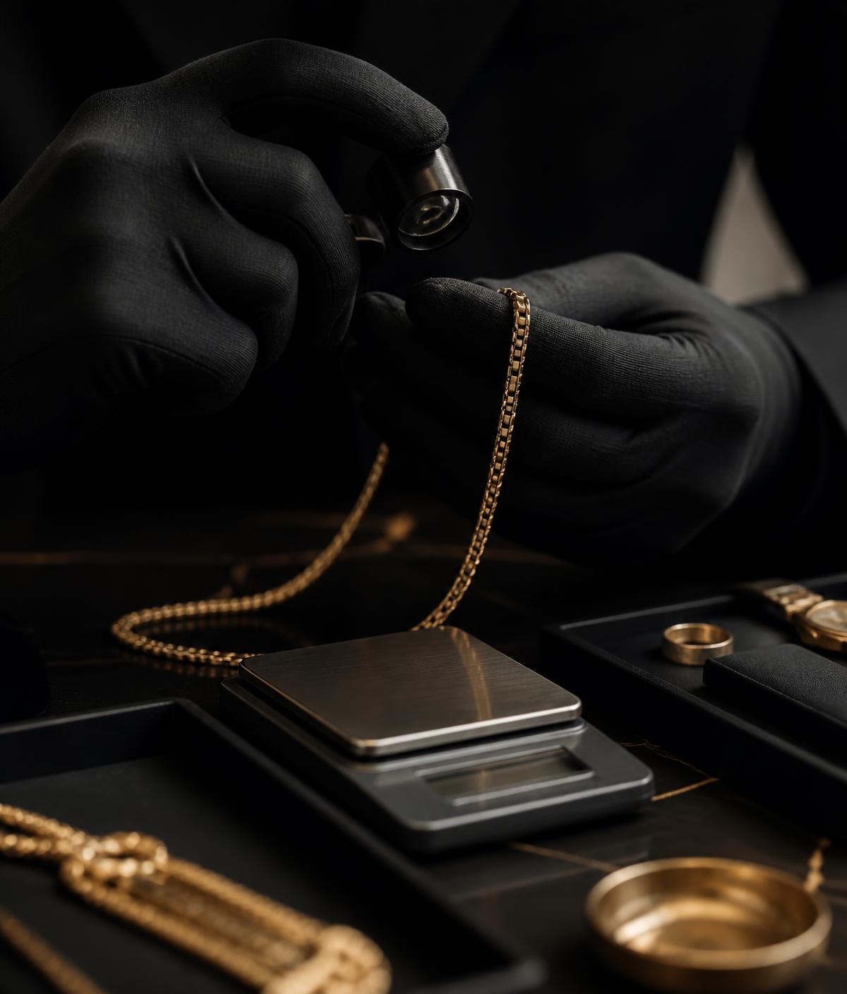 Gold chain being evaluated with a loupe and precision scale