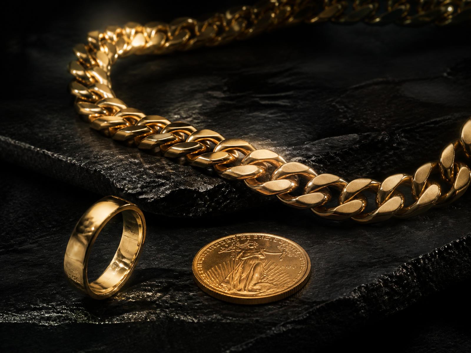 Fine gold chain, ring and gold coin on dark stone
